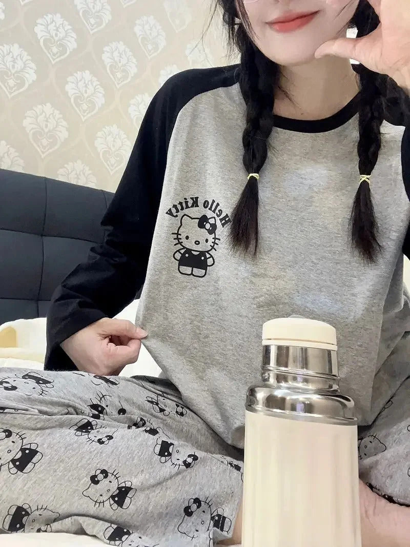 Women's Loose Round Neck Cute Kitty Homewear Pajamas Women's Simple Leisure Long Sleeve Long Pants Two-piece Suit Pajamas  Women