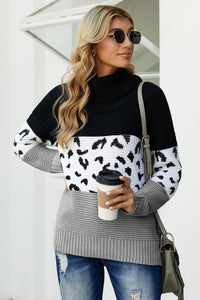 Black Turtleneck Splicing Chunky Knit Pullover Sweater