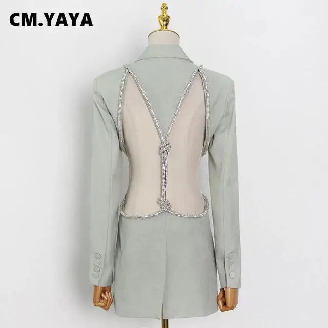 CM.YAYA Women Elegant Cutout Long Sleeve One Button Long Sleeve Notched Neck Blazer Street INS Splicing Blazers Outfits Tops