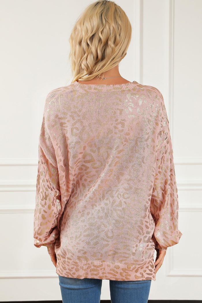 Apricot Glitter Leopard Print Puff Sleeve Sweater