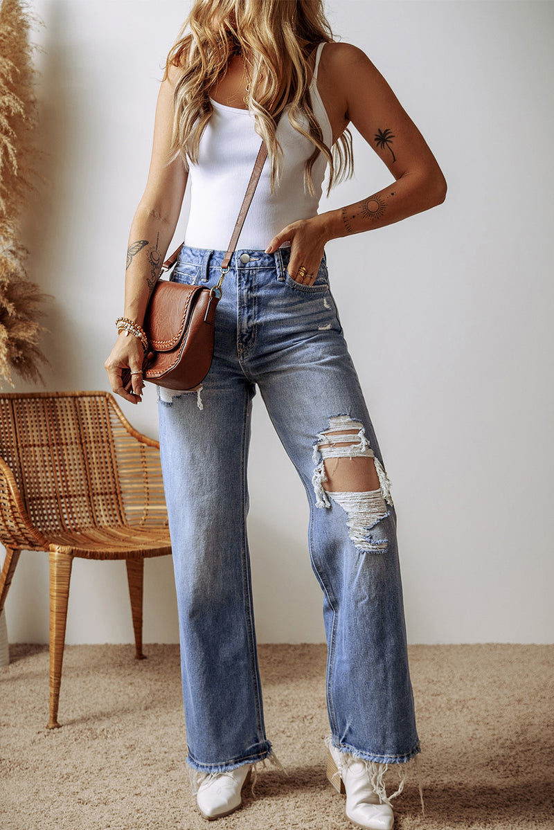 Ashleigh Blue Distressed Raw Hem Straight Leg High Waist Jeans