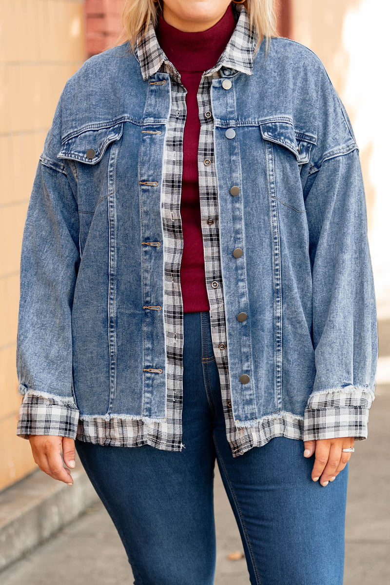 Sky Blue Plaid Hem Splicing Plus Size Denim Jacket