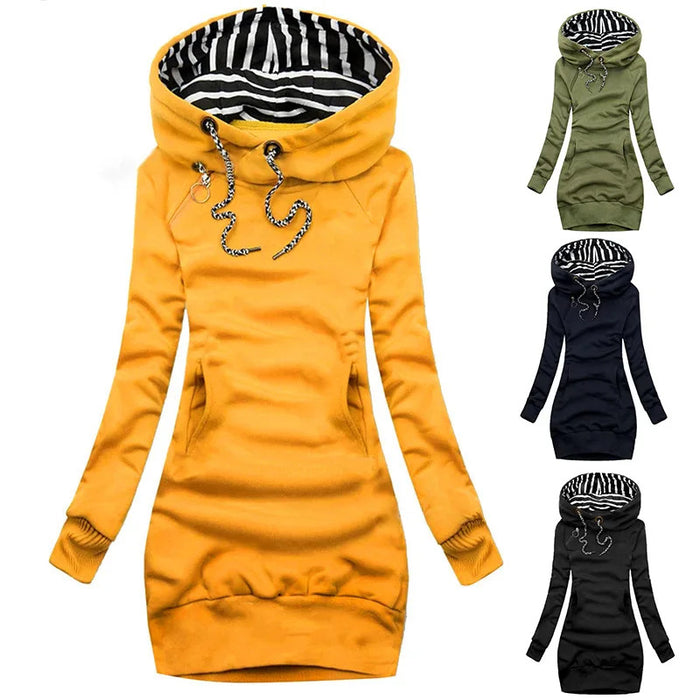 Hoodie Dress Casual Solid Colour Long Sleeve Drawstring Hoodie Dress Slim Hooded Pullover Sweatshirt Dress