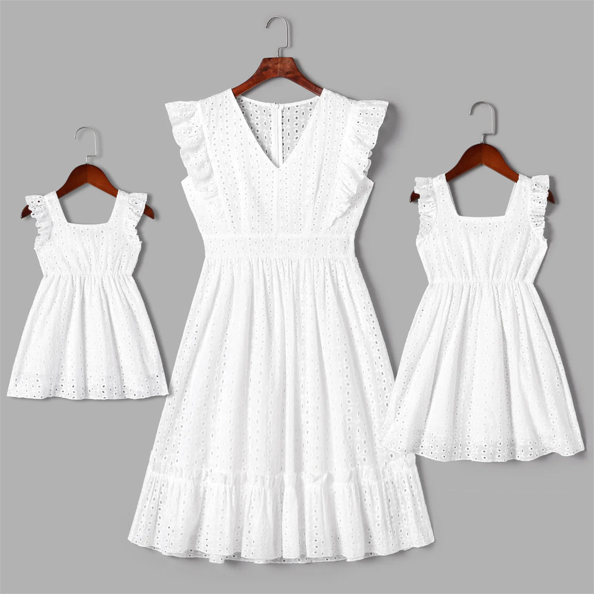 PatPat 100% Cotton Family Matching Outfits White Hollow-Out Floral Embroidered Ruffle Sleeveless Dress for Mom and Me Dresses