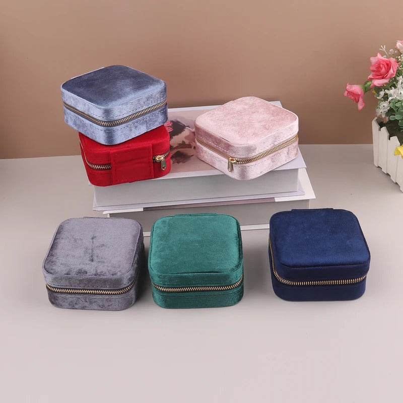 Velvet Jewelry Box For Women Geometric Sqaure Jewelry Storage Case Necklace Ring Earrings Travel Portable Zipper Boxes