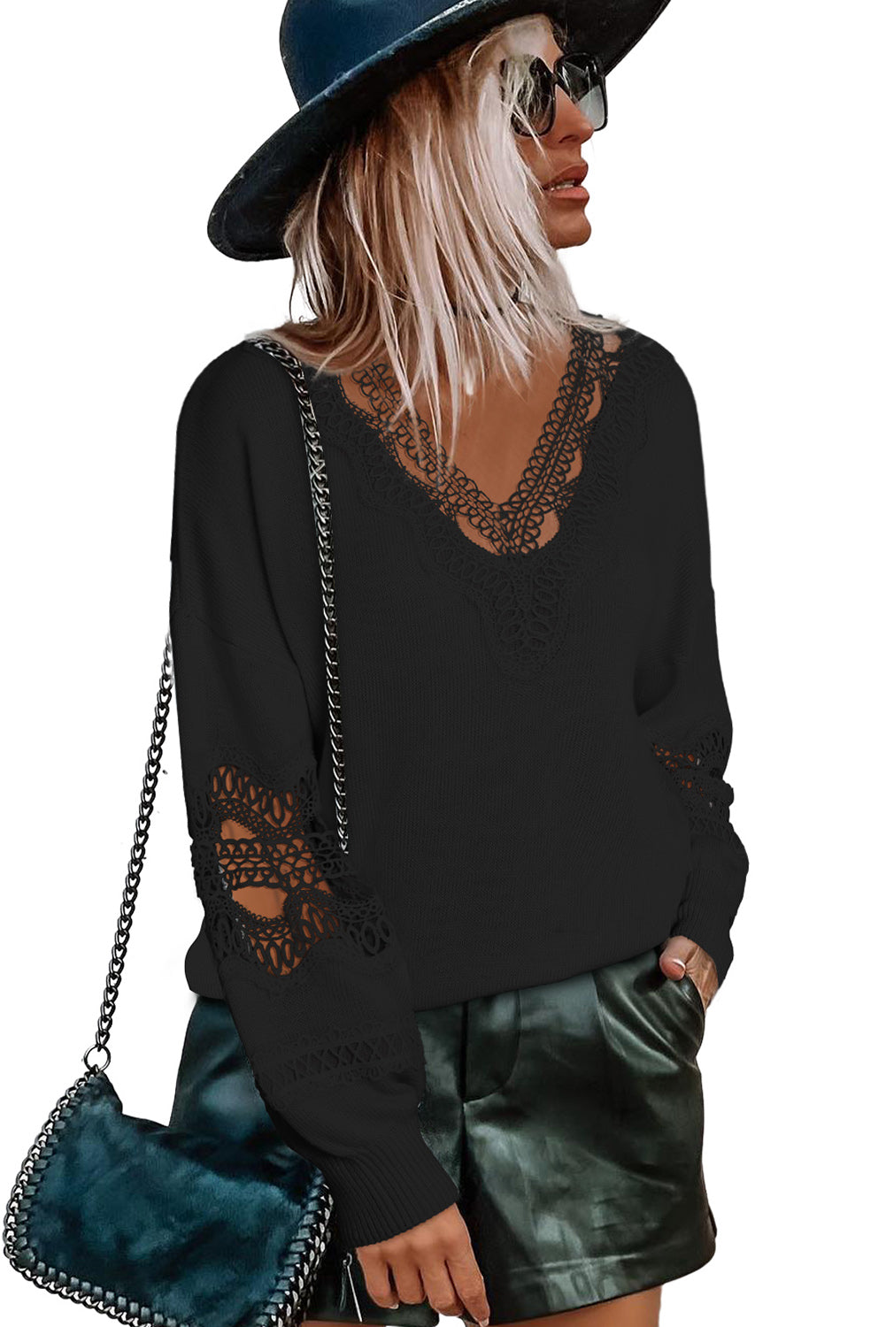 Black Hollowed Lace Splicing V Neck Loose Sweater