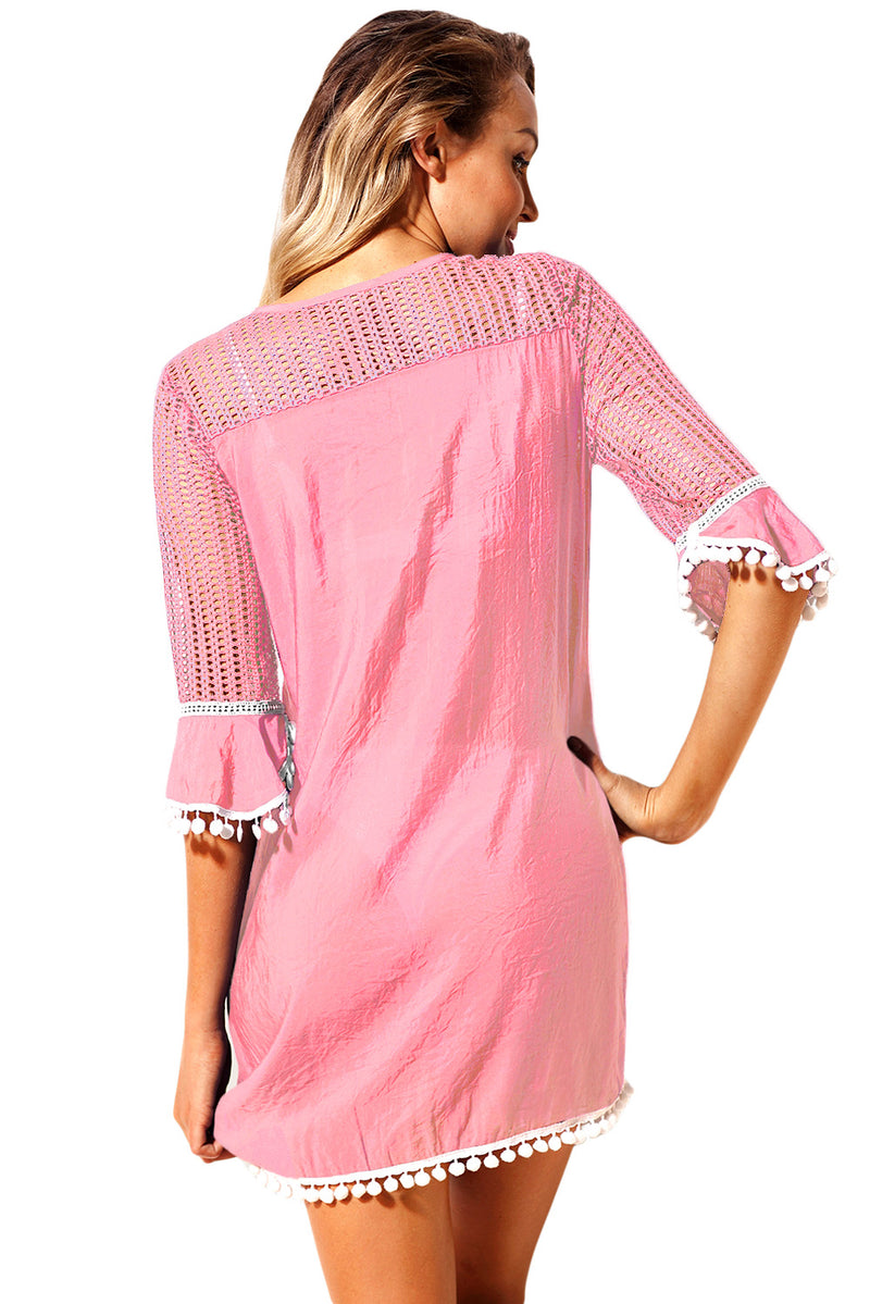 Pink Crochet Pom Pom Trim Beach Tunic Cover up