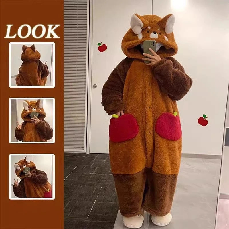 Women Cute Robe Plush Thick Sleepwear Thickened Warm Flannel Cartoon Sleeping Bag Animal One-Piece Pajamas Men Women Homewear