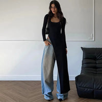 Woman Clothing Long Sleeve High Slit Black T-shirt Dress Y2K Streetwear 2024 Fall Ladies High Waist Slim Irregular Long Dresses