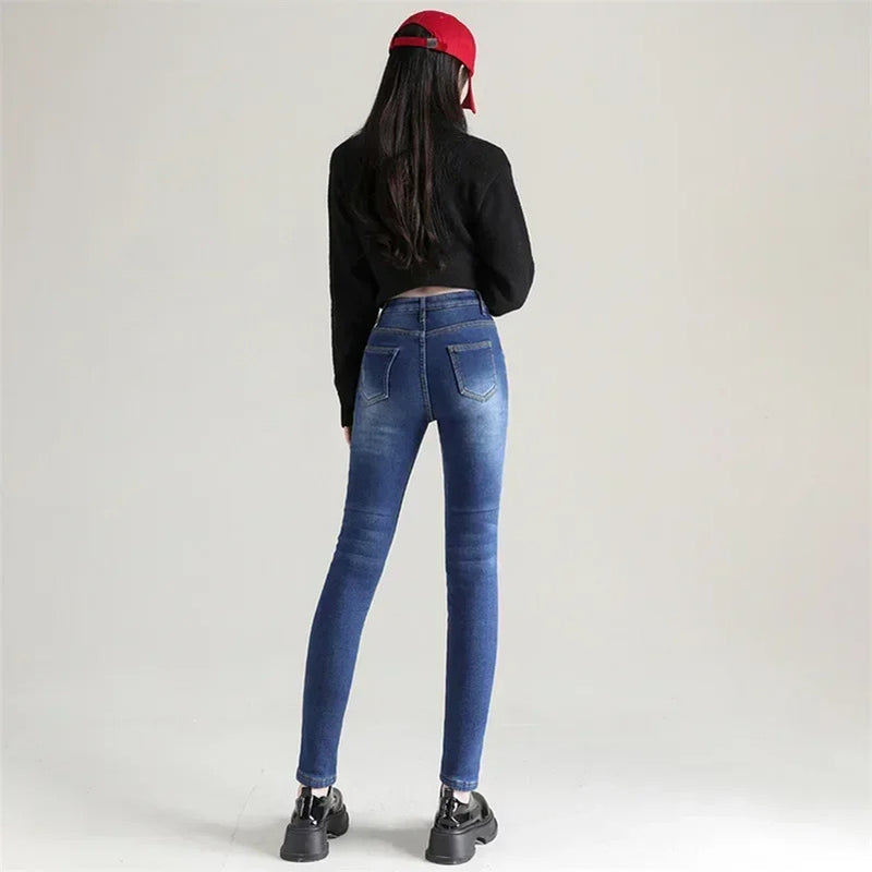 Women Thermal Skinny Jeans Mom Winter Warm Plush Stretch Jeans Lady Fleece Snow Denim Pants Student Pencil Straight Leg Trousers