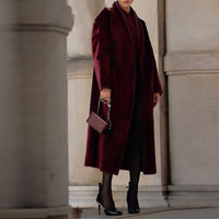 Burgundy Reversible Warm Faux Fur Leather Long Coat Elegant Women Belted Lapel Full Sleeve Overcoat 2024 Lady Thick Streetwear ﻿