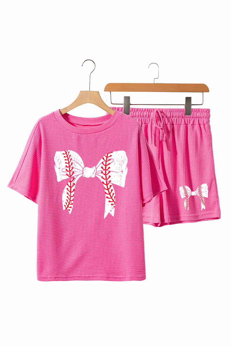 Rose Red Textured Baseball Bowknot Graphic Tee and Shorts Set