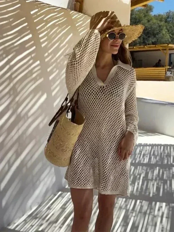 Solid Colour Beach Knit Mini Dress Women's Summer Sexy Hollow Out Long Sleeve Swimsuit Cover Up Boho Holiday Loose Beachwear K17