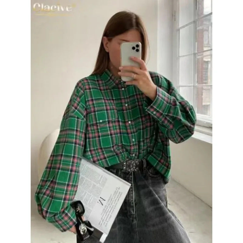 Clacive Fashion Baggy Plaid Women'S Blouse Elegant Lapel Long Sleeve Shirts And Blouses Vintage Pocket Lace-Up Top Female