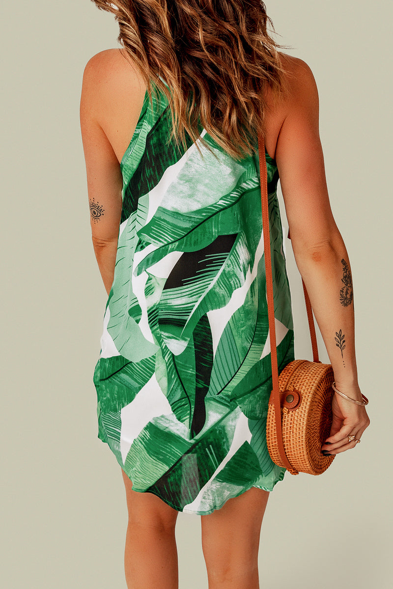 White Palm Tree Leaf Print Ivory Sleeveless Dress