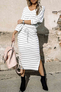 White Striped V Neck Top and Side Slits Skirt Set