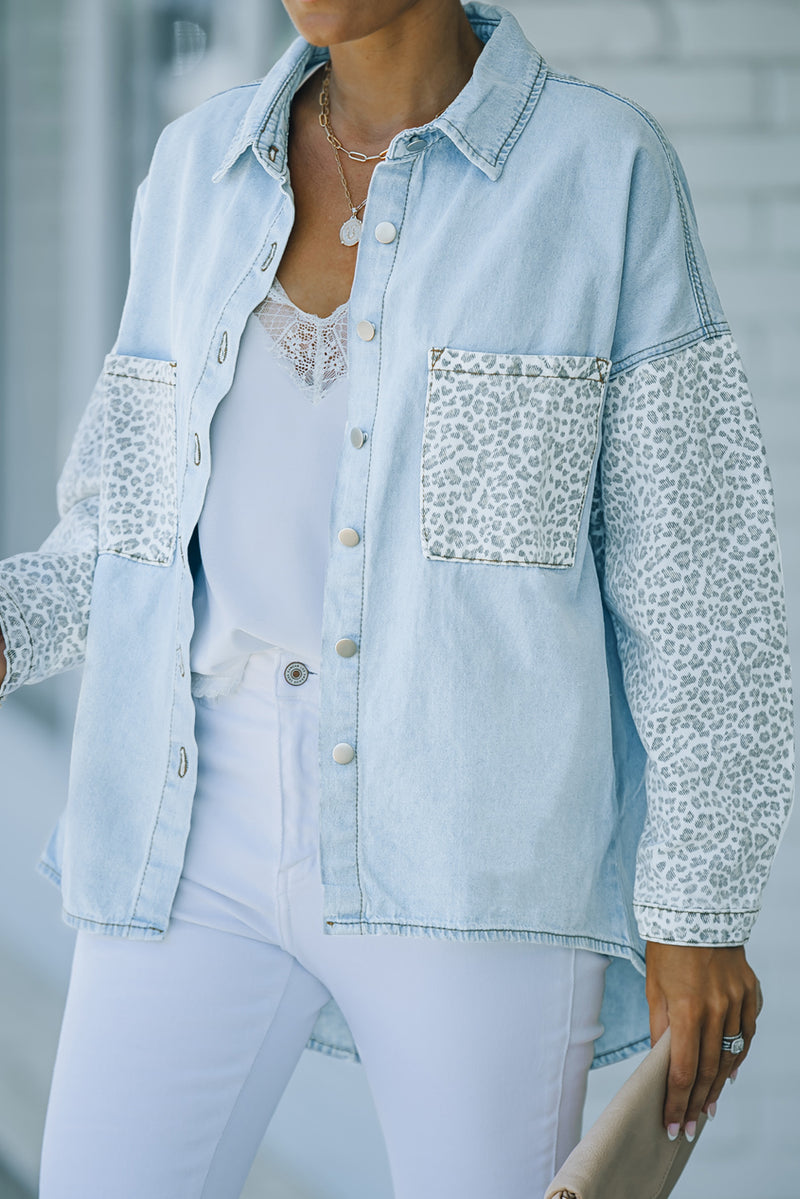 White Contrast Leopard Denim Jacket