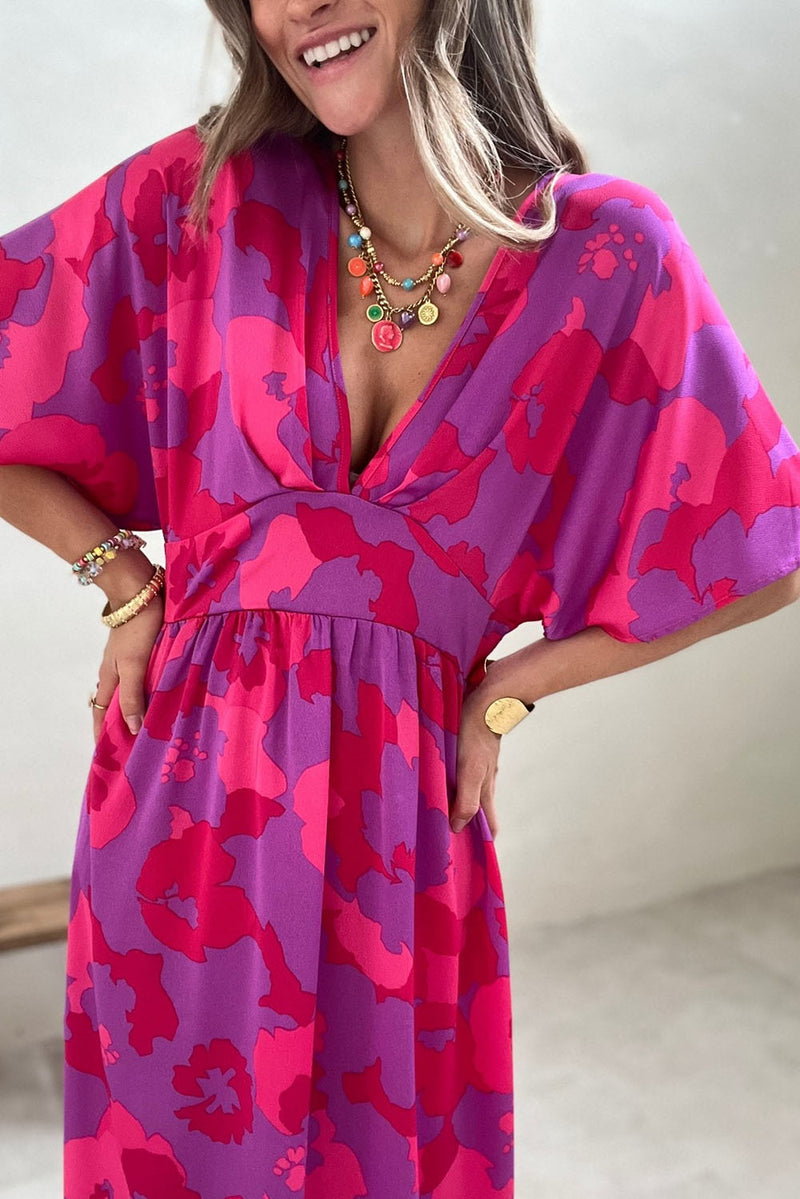 Abstract Floral Print V Neck Dolman Maxi Dress