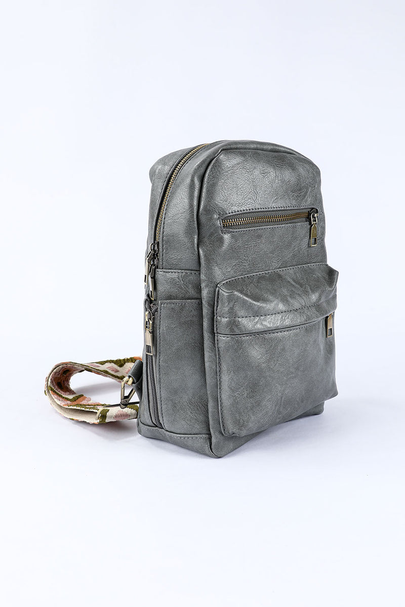 Gray Double Zipper Faux Leather Backpack