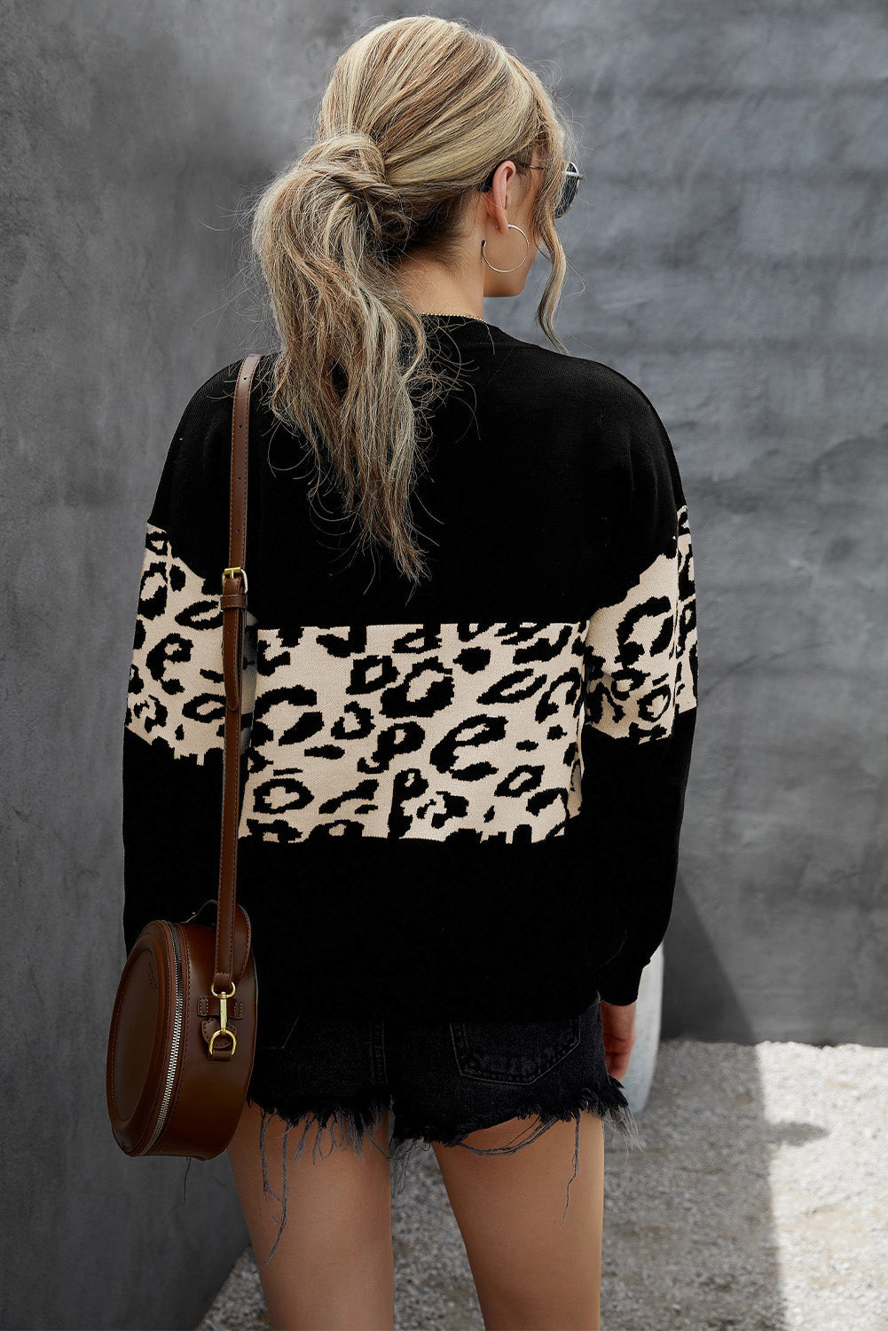 Black Leopard Colorblock V Neck Knit Sweater