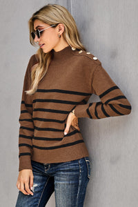 Green Striped Turtleneck Long Sleeve Sweater with Buttons