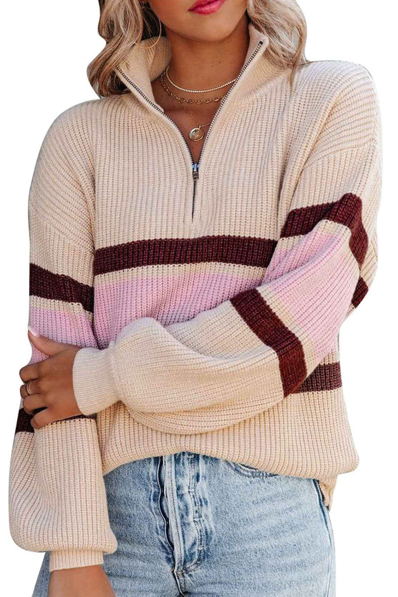 Apricot Striped Color Block Knit Zip Collared Sweater