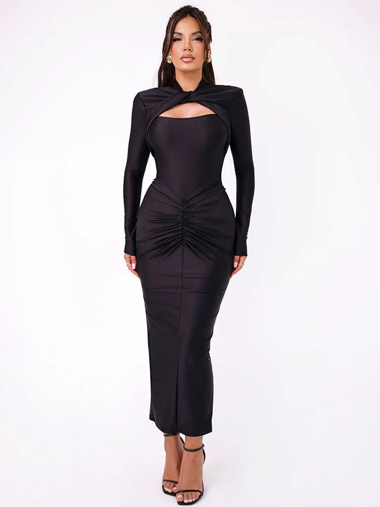 Articat Elegant Long Sleeved Elastic Tight Long Dress Women Bodycon Pleated Party Club Evening Dress Hollowed Out Slim Vestido