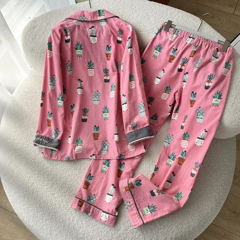 100% Cotton Pajamas for Women Loose Cartoon Long Sleeve Pants Loungewear Women 2 Piece Set Pj Women Outfit Sleepwear Set Pijamas