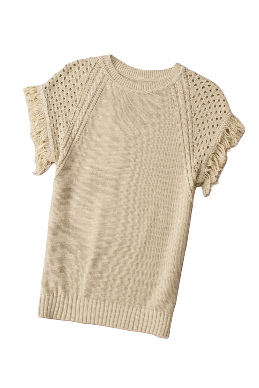 Apricot Fringed Hollow-out Short Sleeves Sweater