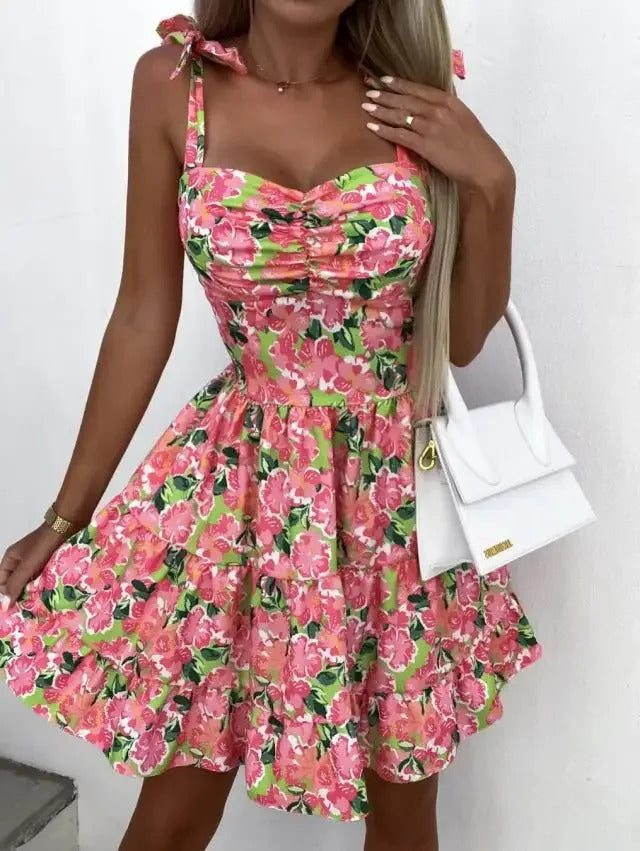 2024 Womens Strappy Short Swing Sun Dresses Ladies Summer Bohemian Floral Print Beach Mini Floral Skater Dress