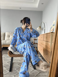 100% Cotton Pajamas for Women Loose Cartoon Long Sleeve Pants Loungewear Women 2 Piece Set Pj Women Outfit Sleepwear Set Pijamas