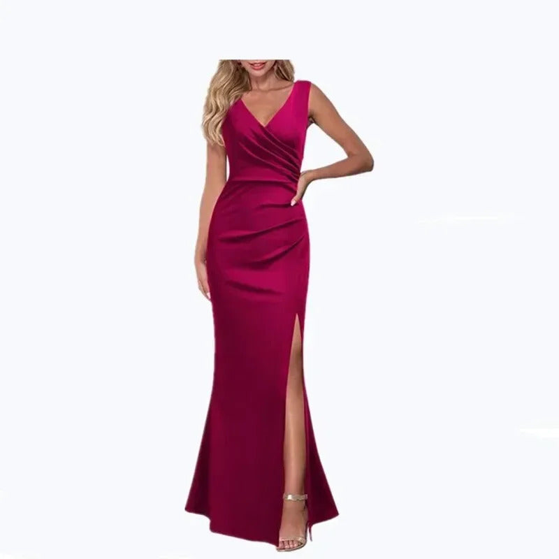 Women's V-neck Sleeveless Maxi Dress Summer Party Dance Slim Side Slit Evening Dress Sexy Backless Elegant Long Dress Partywear