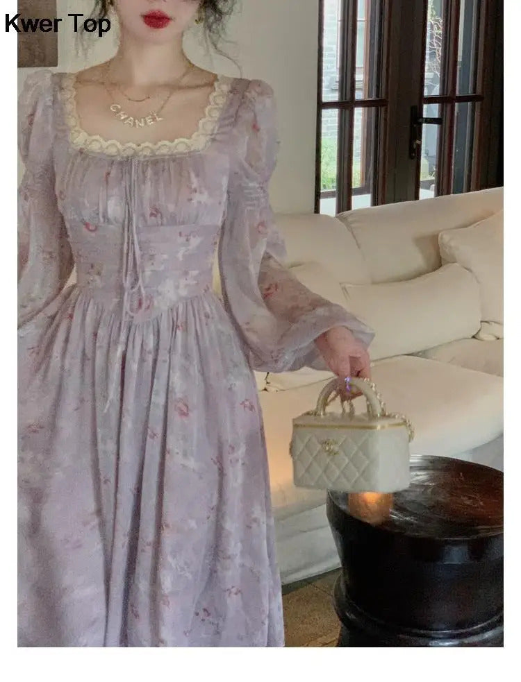 French Elegant Princess Evening Party Midi Dresses for Women Autumn Slim Bandage Long Sleeve Vestidos Korean Spring Clothes