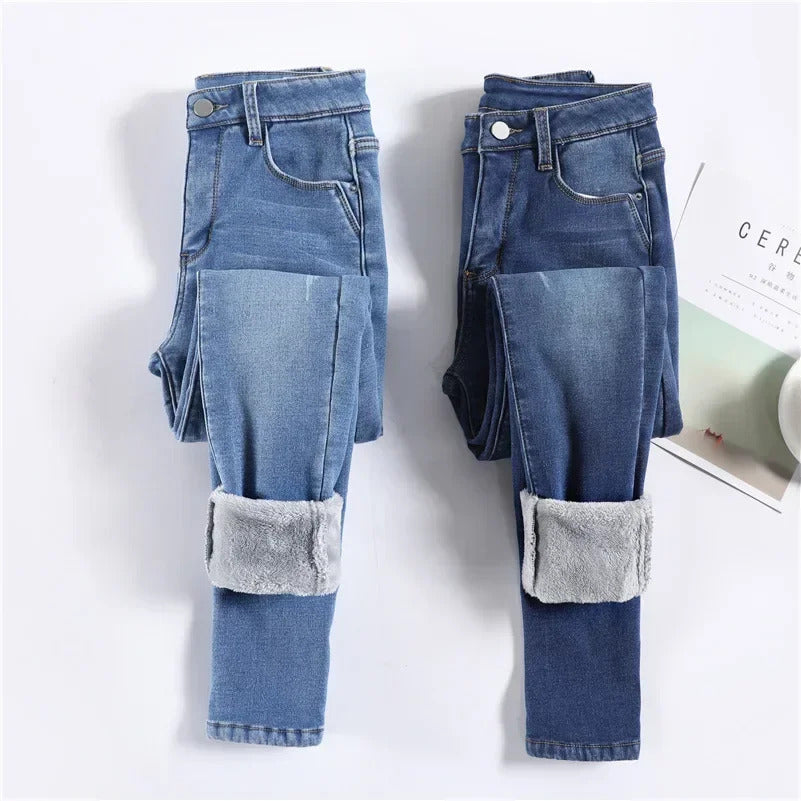 Women Thermal Skinny Jeans Mom Winter Warm Plush Stretch Jeans Lady Fleece Snow Denim Pants Student Pencil Straight Leg Trousers