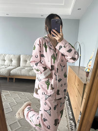 100% Cotton Pajamas for Women Loose Cartoon Long Sleeve Pants Loungewear Women 2 Piece Set Pj Women Outfit Sleepwear Set Pijamas