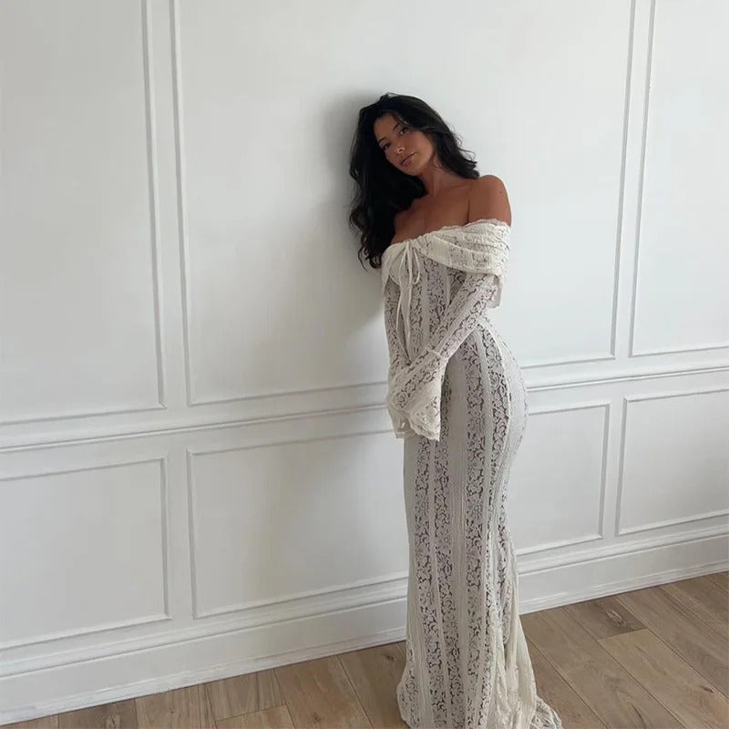 White Off Shoulder Lace Up Flare Long Sleeve Slim Maxi Dress Women Hollow Out Mermaid Floor Length Vestidos Female Elegant Robe