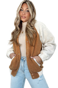 Brown Contrast White Sleeve Snap Button Sherpa Jacket