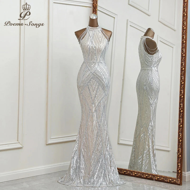 Sexy Silver mermaid evening dress robe de soiree femme vestidos de fiesta bridesmaid dress mariage robe vestidos party dress