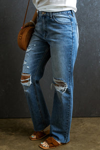 Light Blue Distressed Holes Raw Edge Straight Jeans