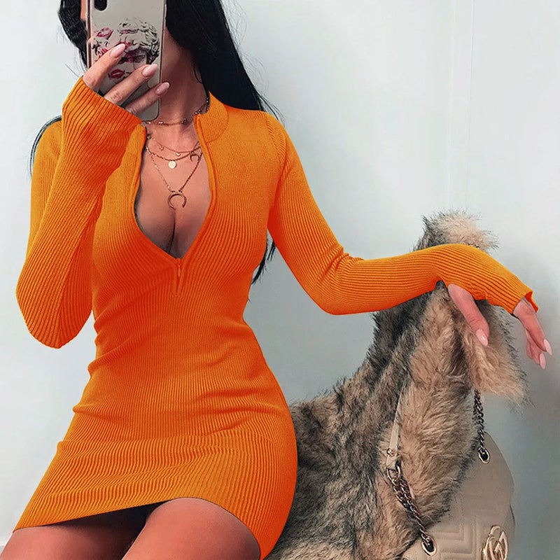 Women Half Zip Up Bodycon Party Dress Spring Autumn Long Sleeve Slim Rib Knitted Mini Dresses MYJ-myj16888