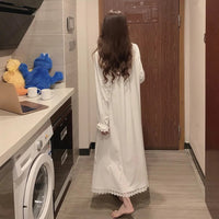 Long-Sleeved Princess Style Nightgown Loose Large Size Can Be Worn Outside the Home Wear Summer Women's Pajamas Lace White Korea