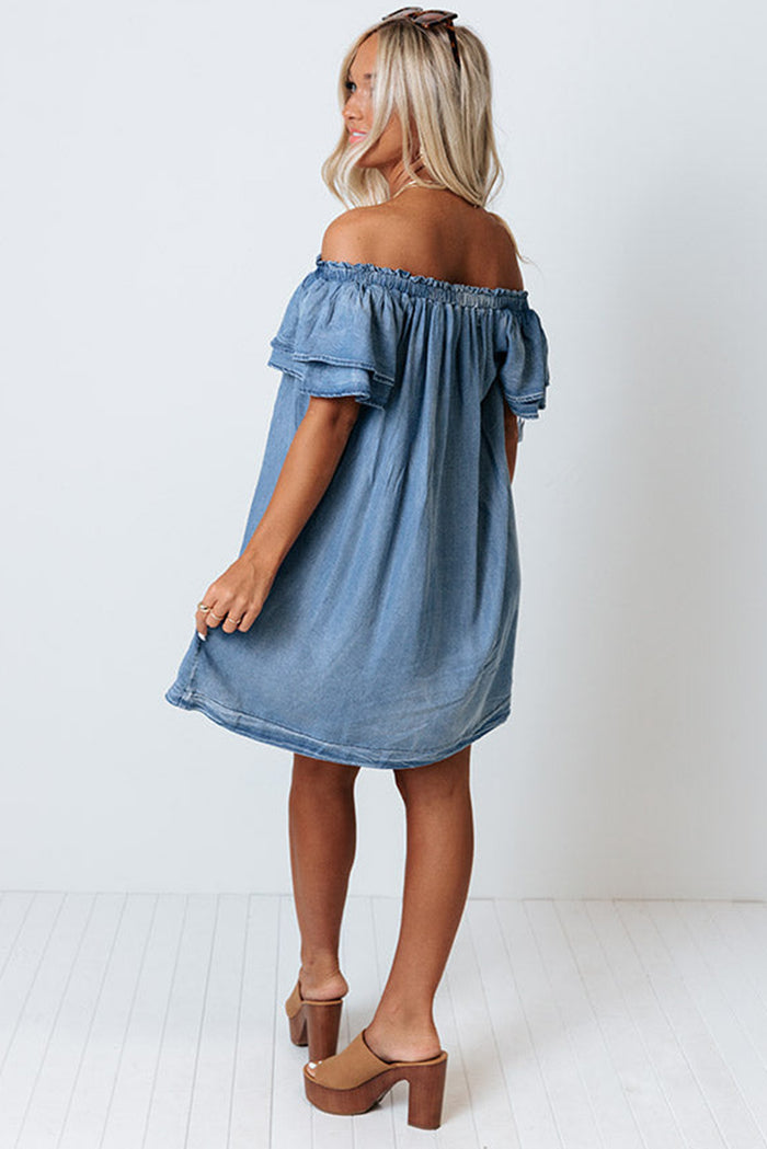 Women's Off-shoulder Ruffle Sleeves Chambray Dress