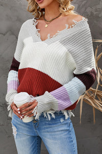 Gray Colorblock Distressed Sweater