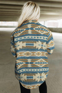 Blue Western Aztec Print Button Flap Pocket Shacket