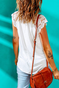 White Crochet Patchwork Cap Sleeves Flowy Top