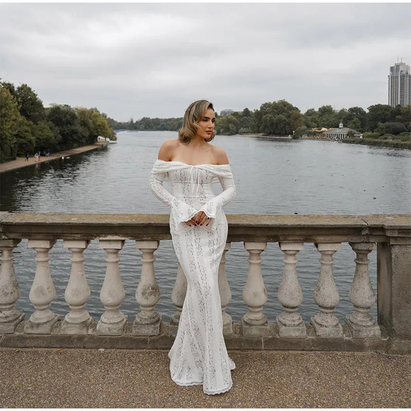 Elegant One Shoulder Lace Up Hollow Women's Dress Slim Fit See-through Long Sleeved Backless Robe 2024 Summer Lady Evening Gowns