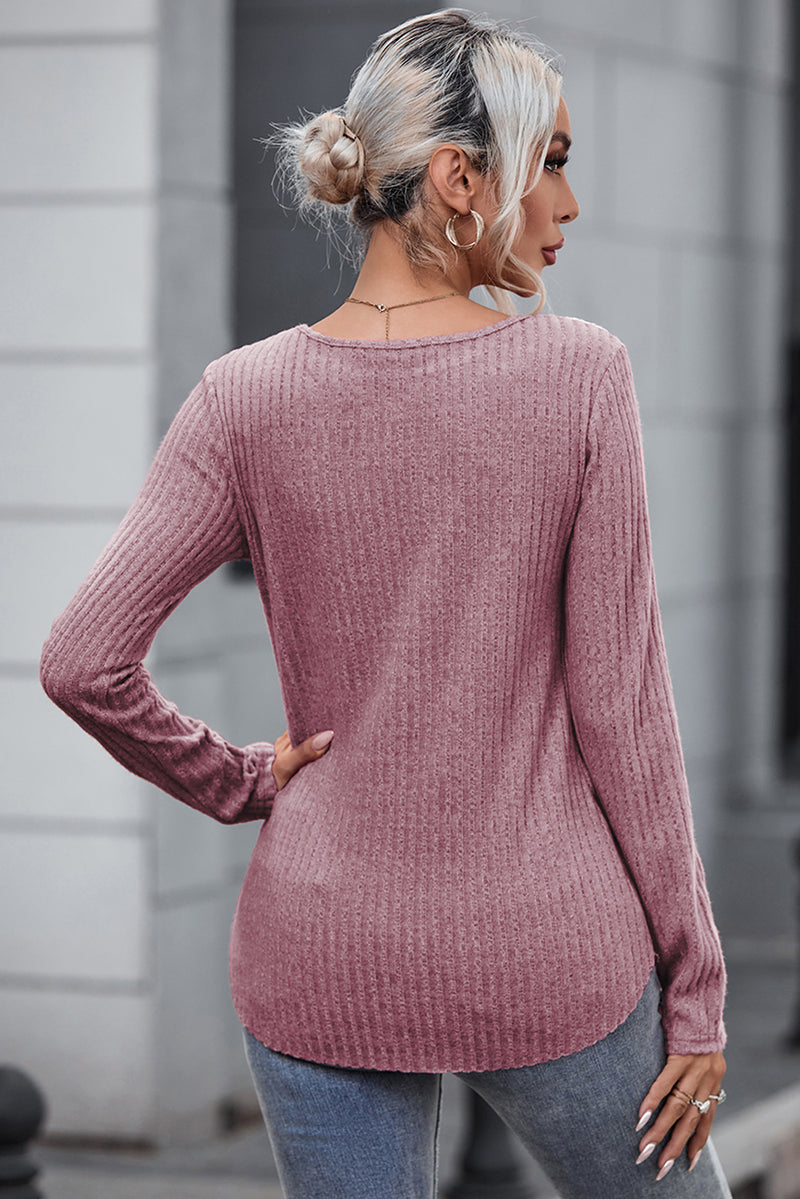 Pink Ribbed Knit Lace Patch Shoulder Casual Sweater