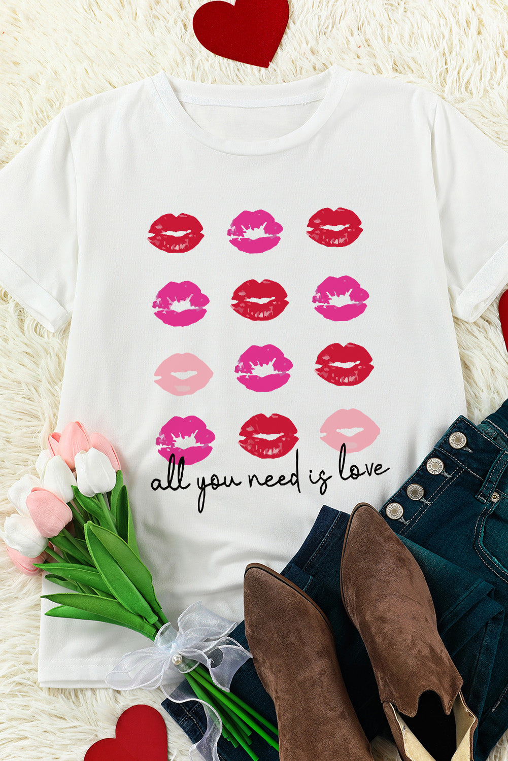 White all you need is love Valentines Kisses Graphic Tee