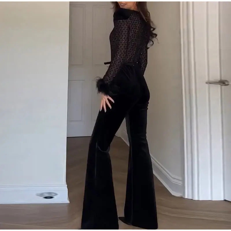 Embroidery Lace Red Jumpsuits Women Sexy Slim Long-sleeved Belt High Waist Jumpsuit Female 2024 INS Casual Lady Party Rompers