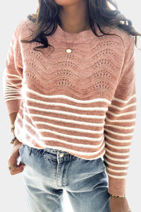 Pink Striped Textured Long Sleeve Knit Sweater